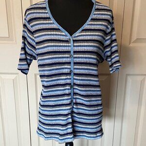 Design Zone Two Vintage Striped Short Sleeve Button Front Women's Top Size 1X